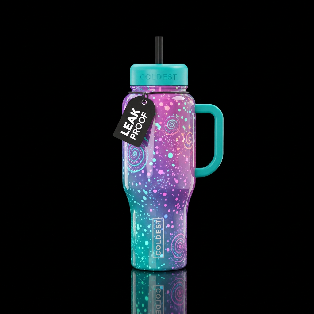 Glossy teal, purple, and pink ombre background wit... water bottle design