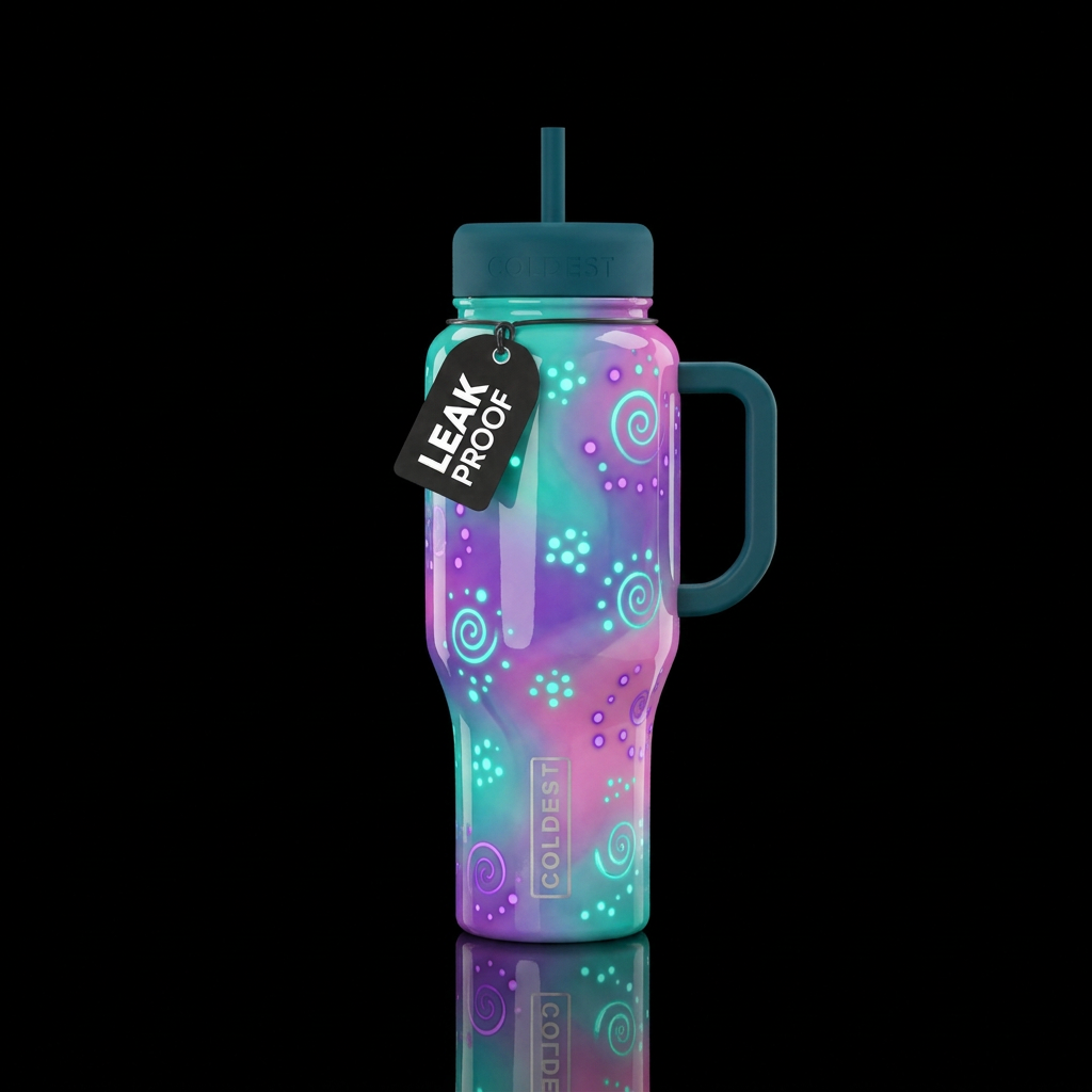 Glossy teal purple and pink ombre swirled backgrou... water bottle design