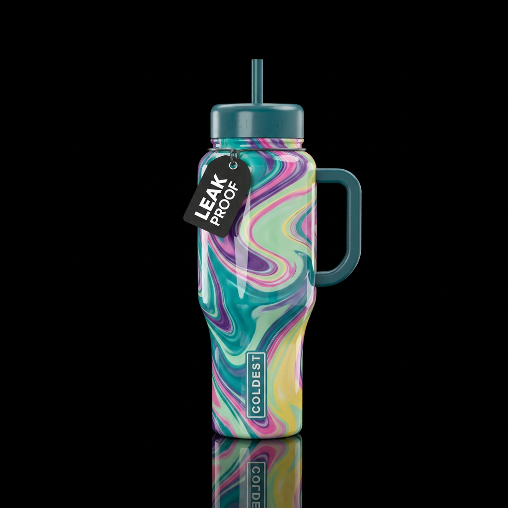 Glossy teal, purple, pink, light pastel green and ... water bottle design