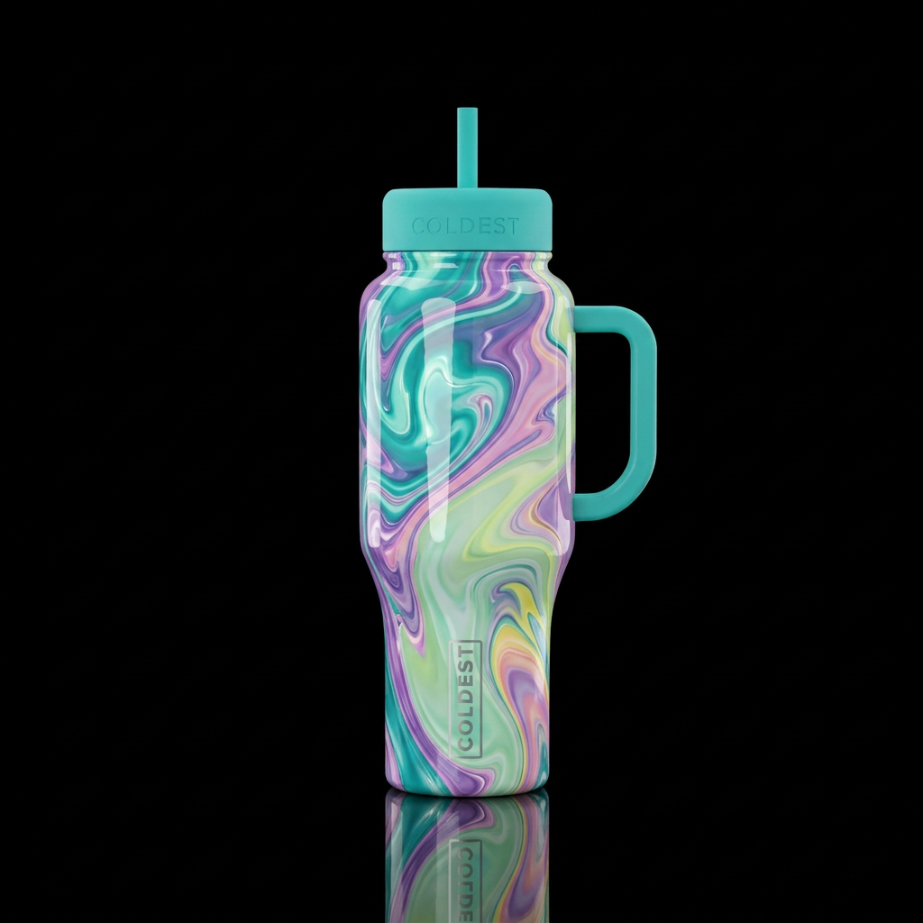 Glossy teal, purple, pink, light pastel green and ... water bottle design