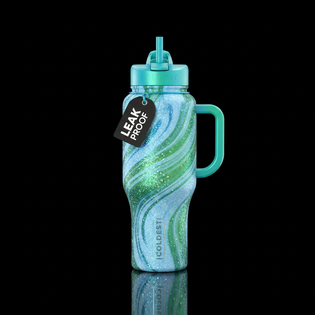 Sparkling light blue and sparkling ombre green swi... water bottle design