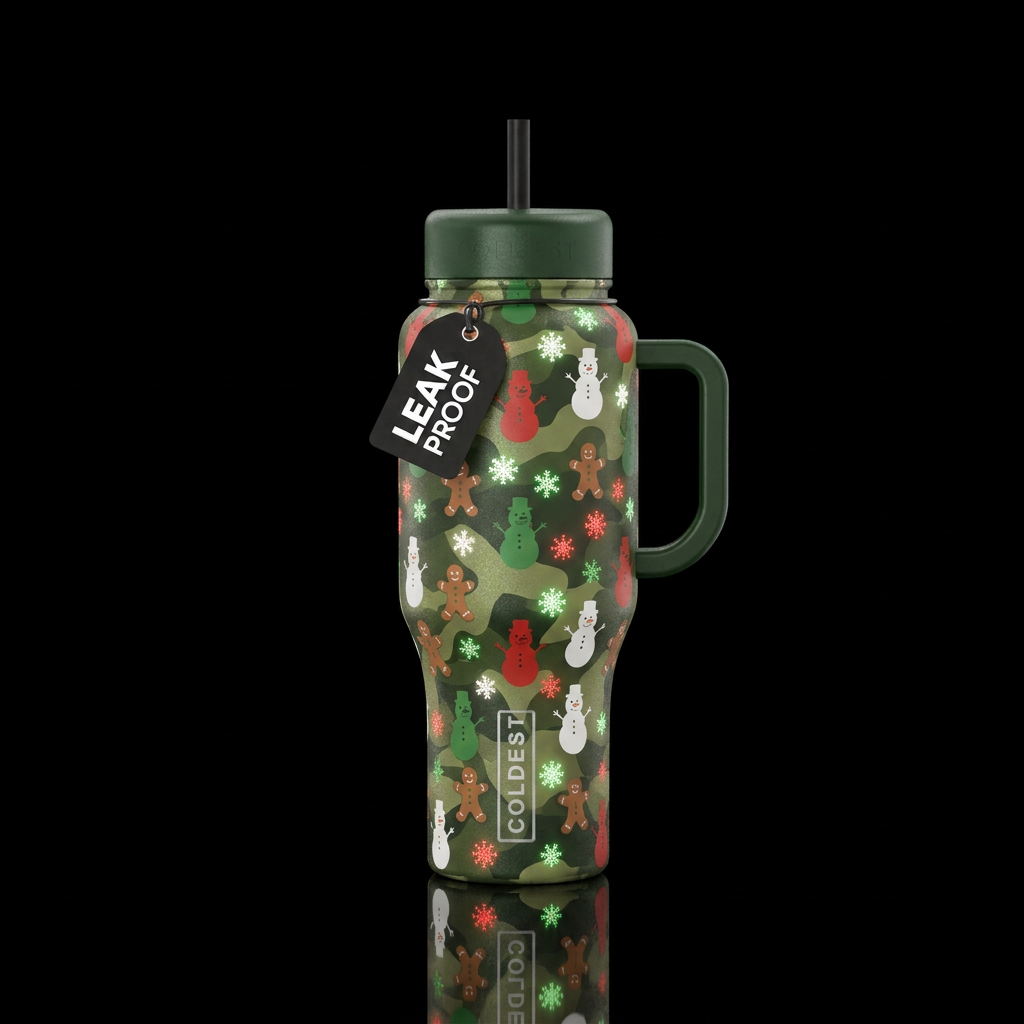 Red white and green snowmen silhouettes with the e... water bottle design