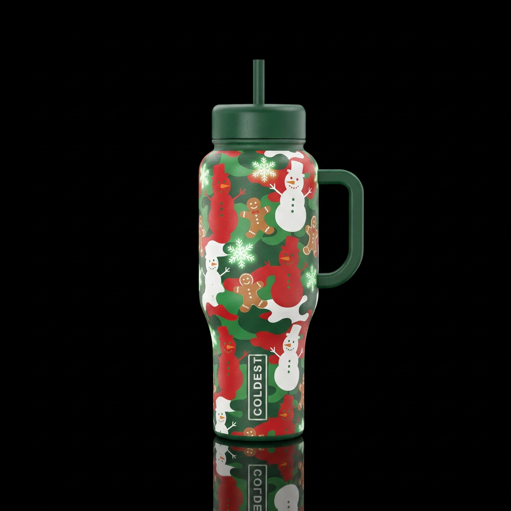 Red white and green snowmen silhouettes with the e... water bottle design