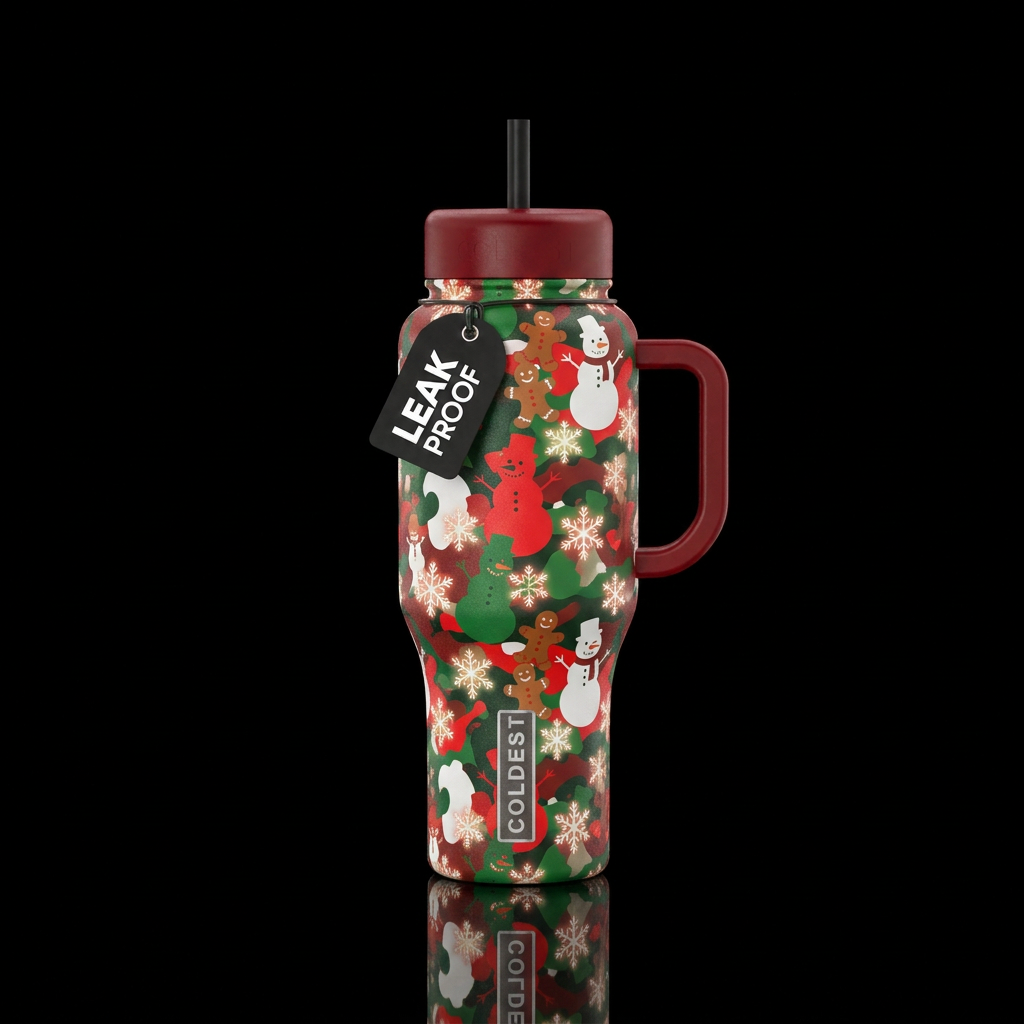 Red white and green snowmen silhouettes with the e... water bottle design