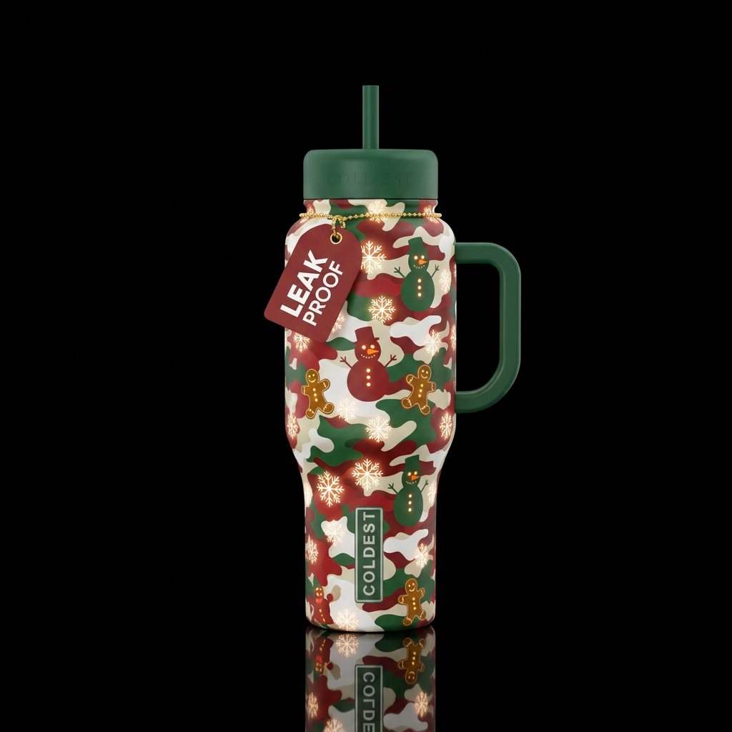 Red white and green snowmen silhouettes with the e... water bottle design