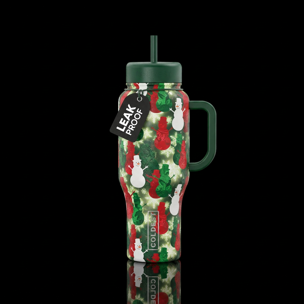 Red white and green snowmen silhouettes looking ca... water bottle design