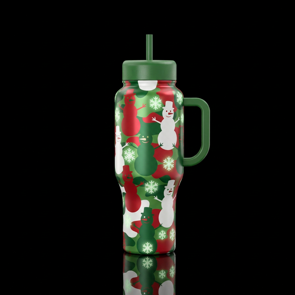 Red white and green snowmen with eyes and nose sil... water bottle design
