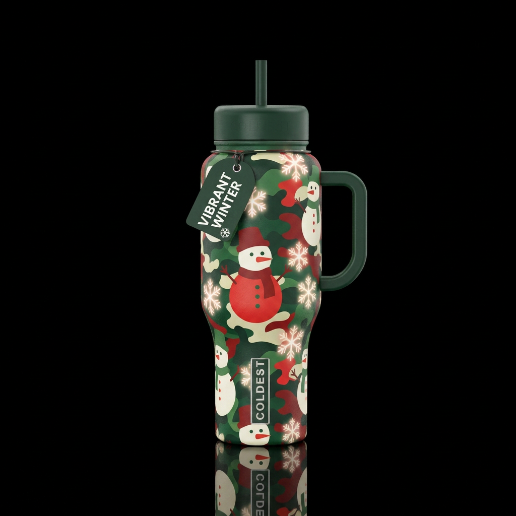Red white and green snowmen with eyes and nose sil... water bottle design