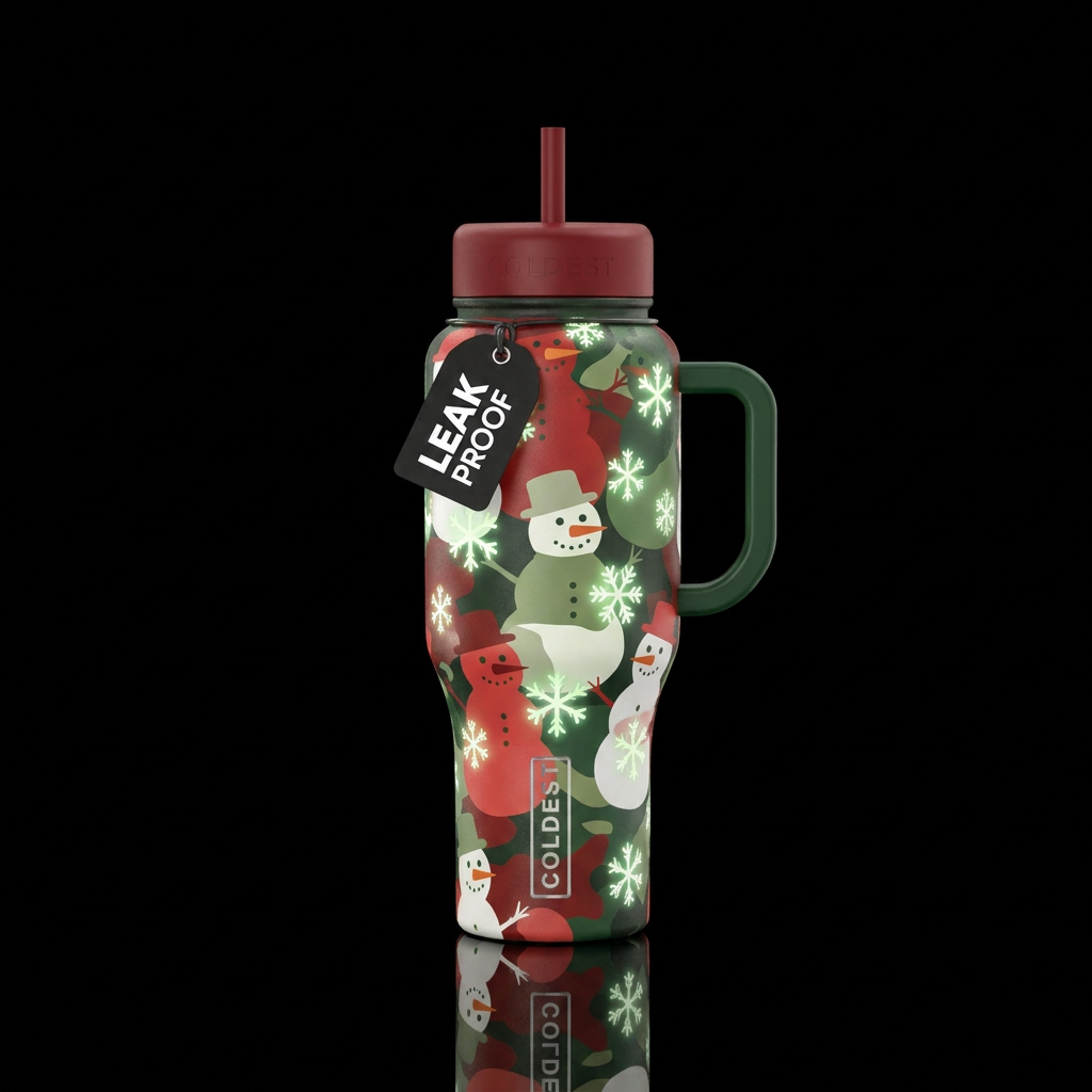 Red white and green snowmen with eyes and nose sil... water bottle design