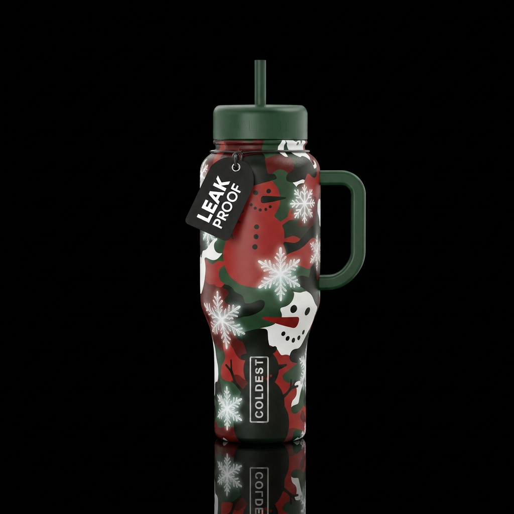 Red white and green snowmen with eyes and nose sil... water bottle design