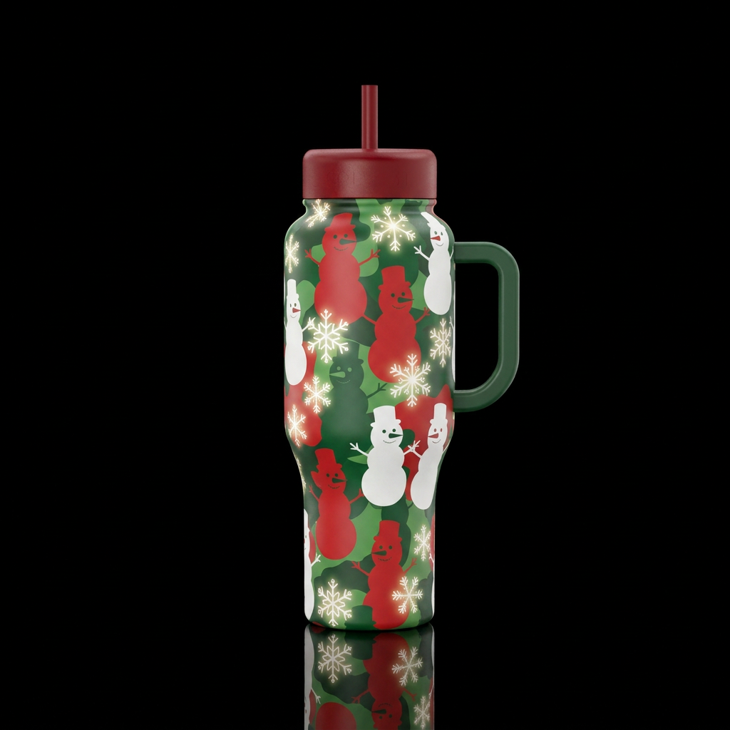 Red white and green snowmen with eyes and nose sil... water bottle design