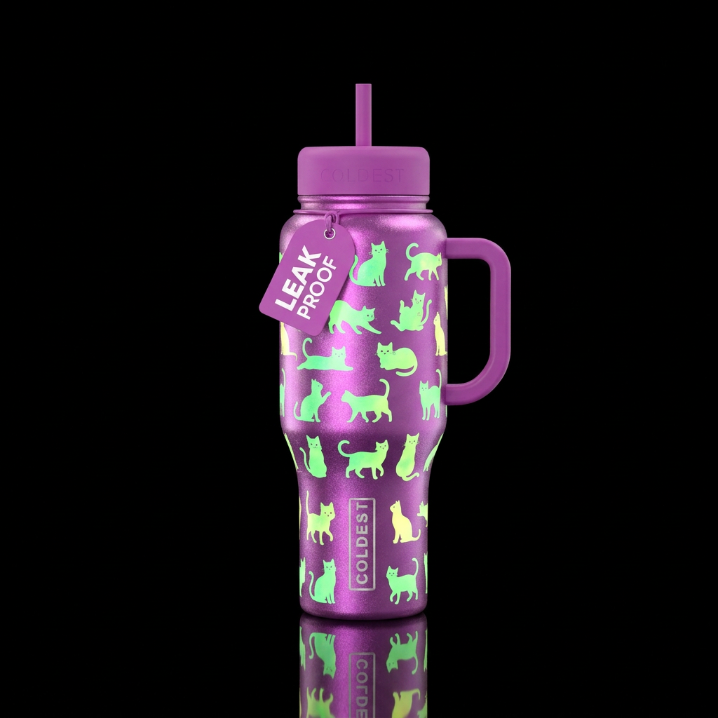 Bright vibrant pinkish purple shimmering backgroun... water bottle design