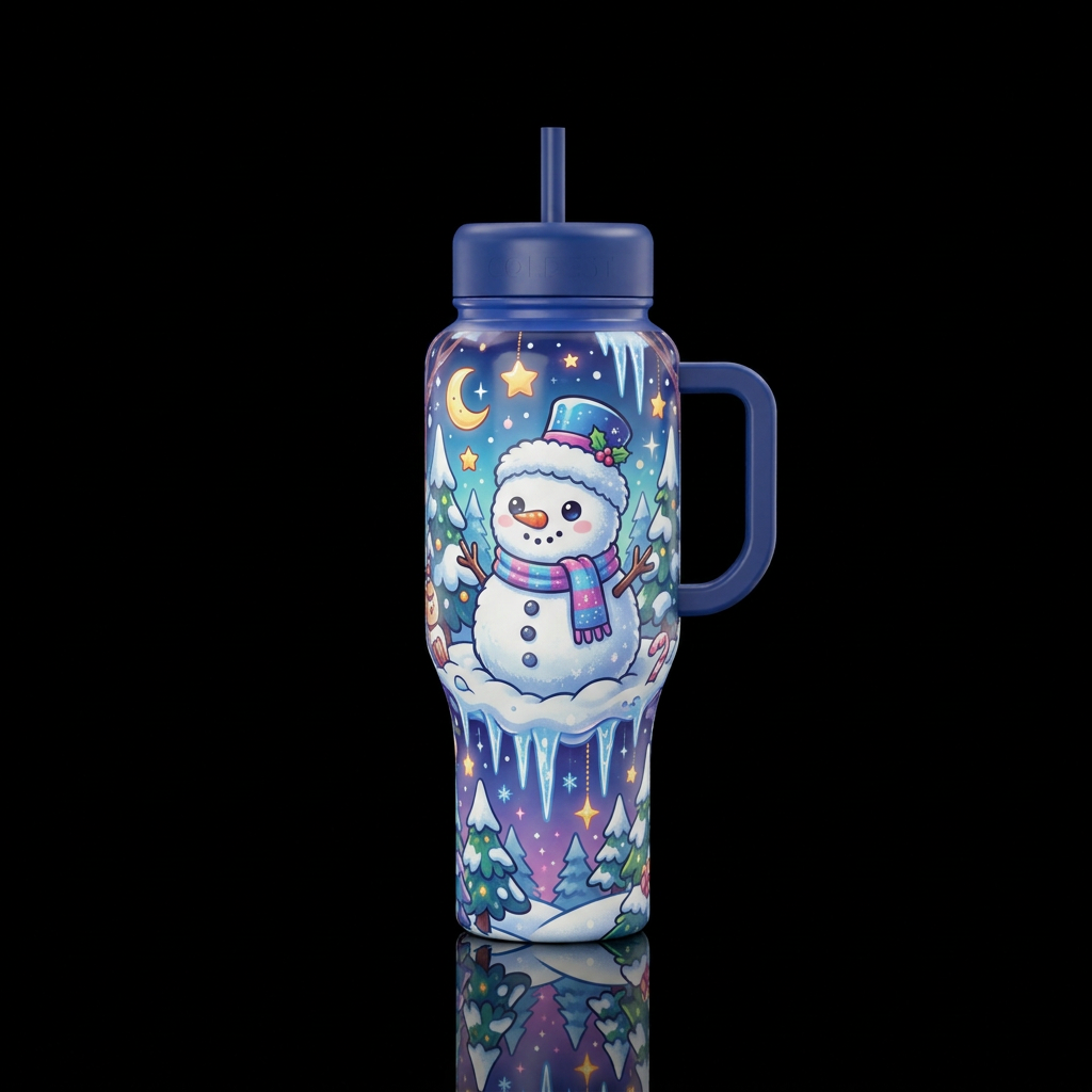 Fluffy the snowman cartoon cute funny beautiul, vi... water bottle design