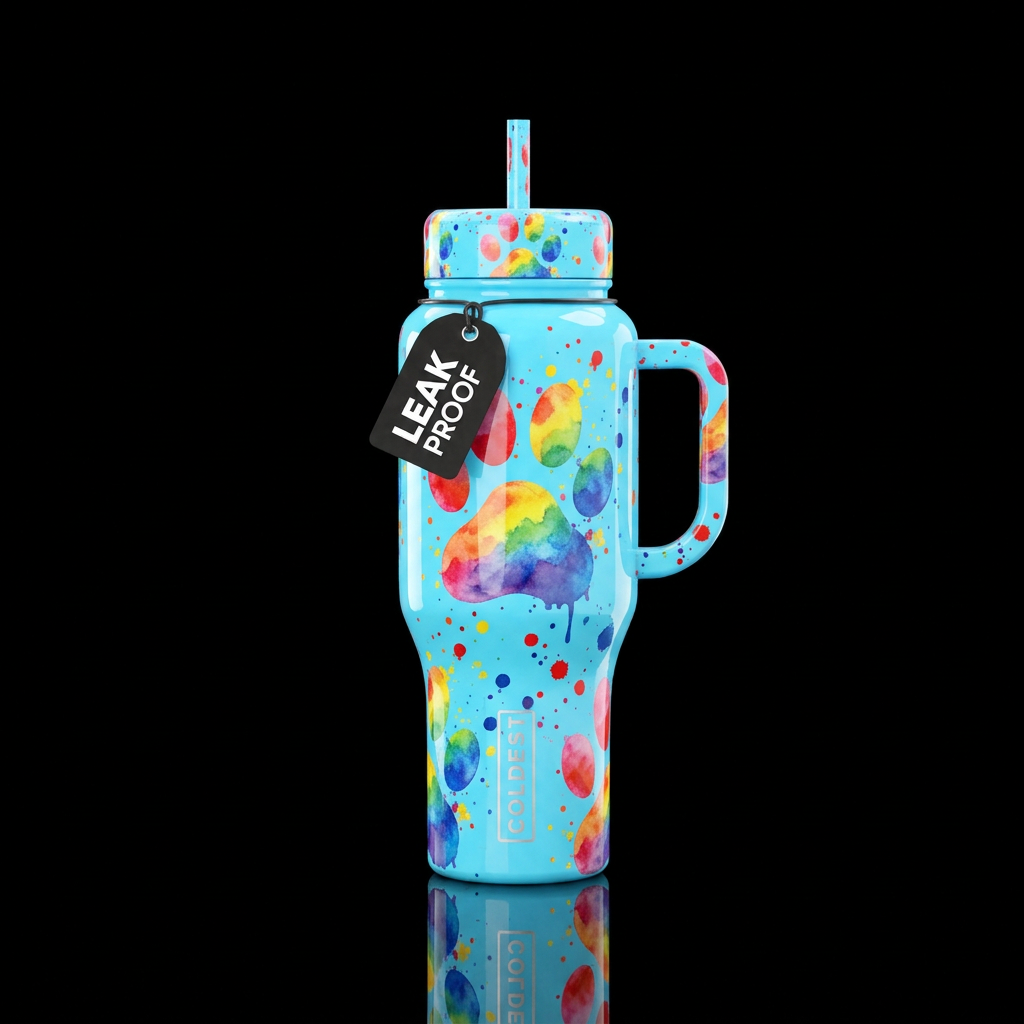 Big rainbow Water colored puppy paws with paint sp... water bottle design