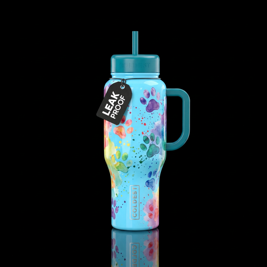 Big rainbow Water colored puppy paws with paint sp... water bottle design