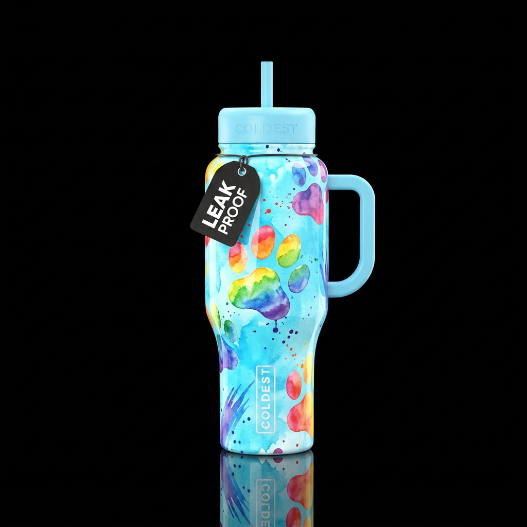 Big rainbow Water colored puppy paws with paint sp... water bottle design