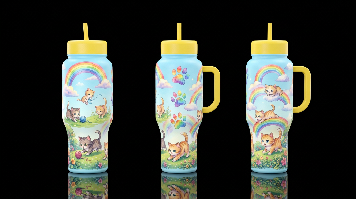 Rainbows and clouds with rainbow watercolor kitten... water bottle design