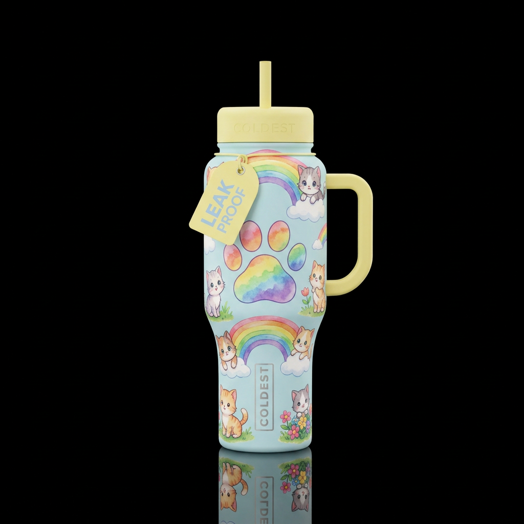 Rainbows and clouds with rainbow watercolor kitten... water bottle design