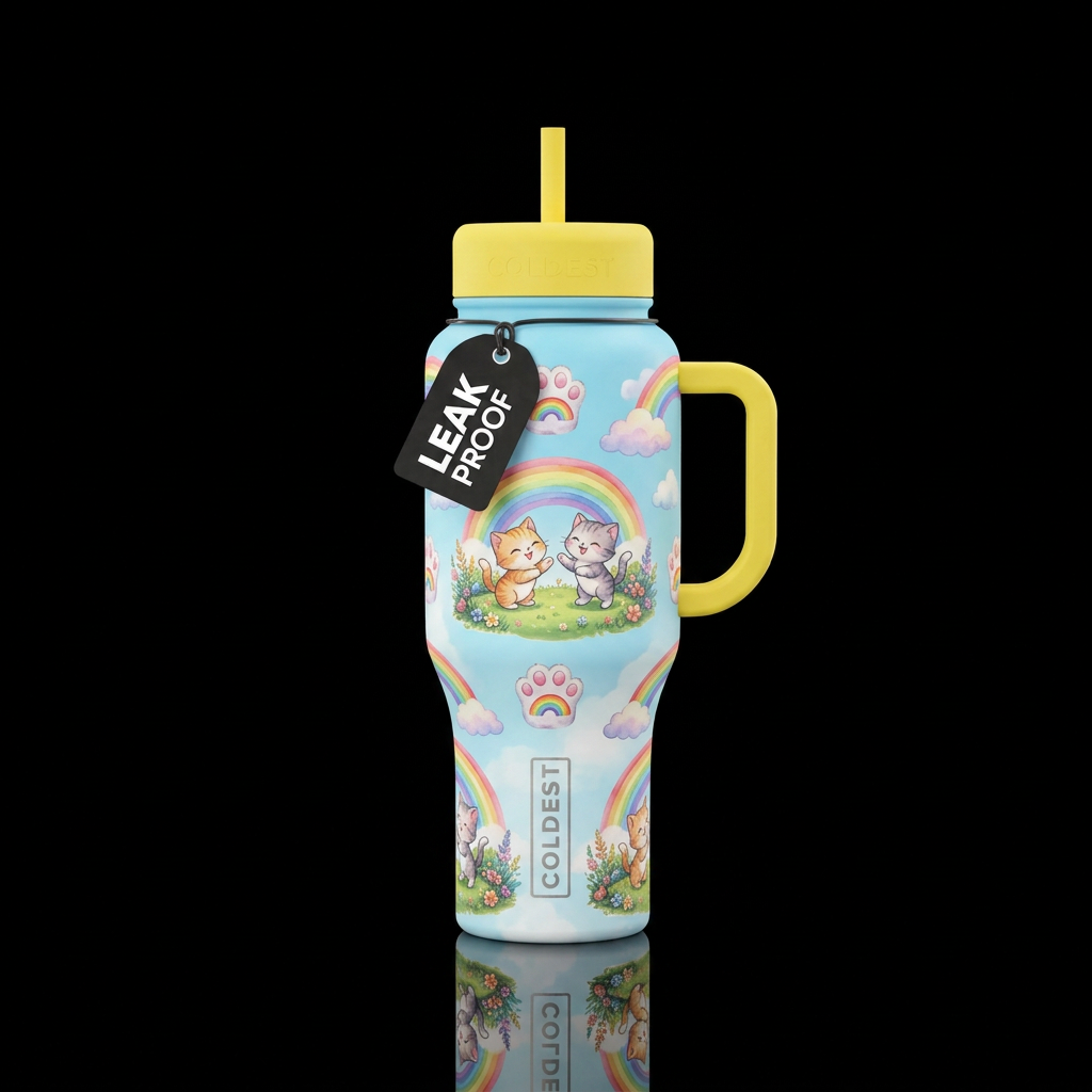 Rainbows and clouds with rainbow watercolor kitten... water bottle design