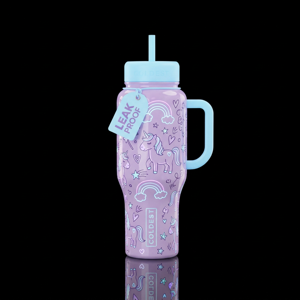Glowie cartoon rainbow outlines and cartoon unicor... water bottle design