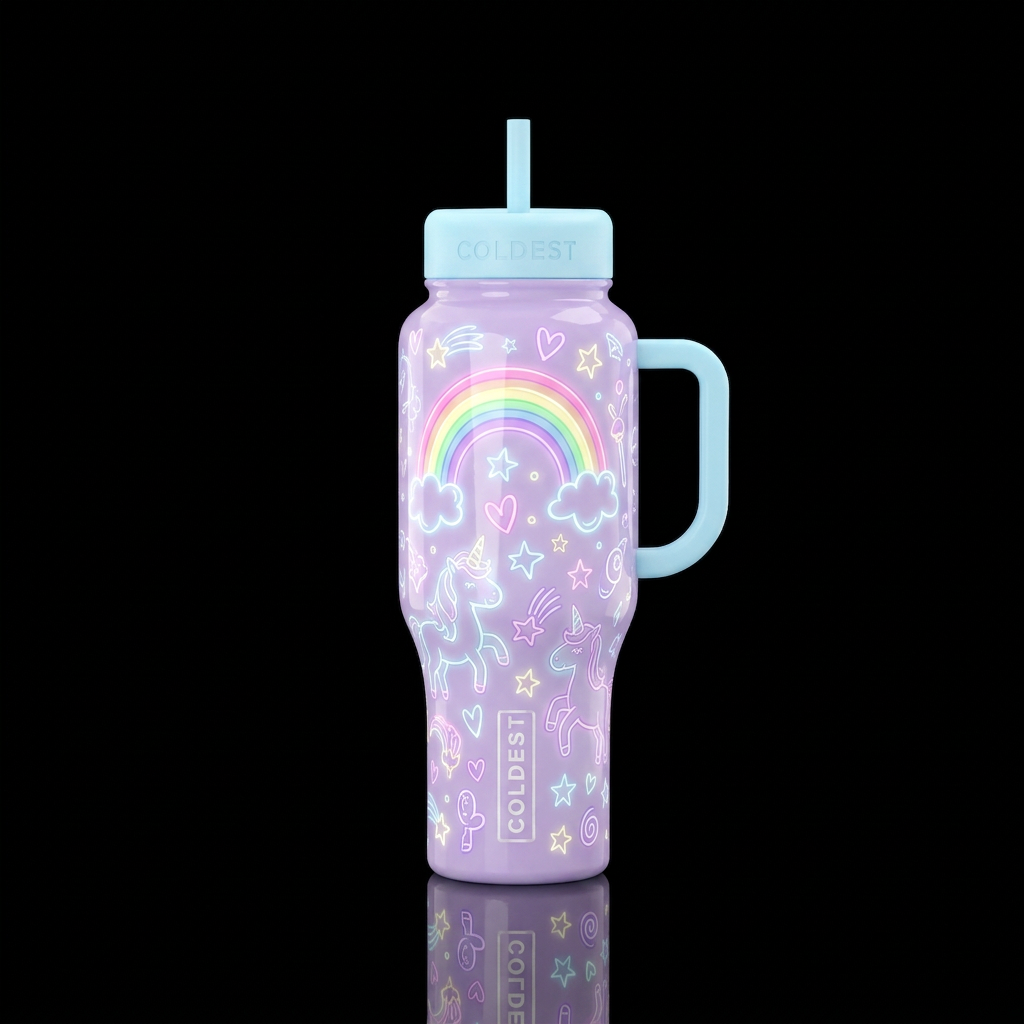 Glowie cartoon rainbow outlines and cartoon unicor... water bottle design