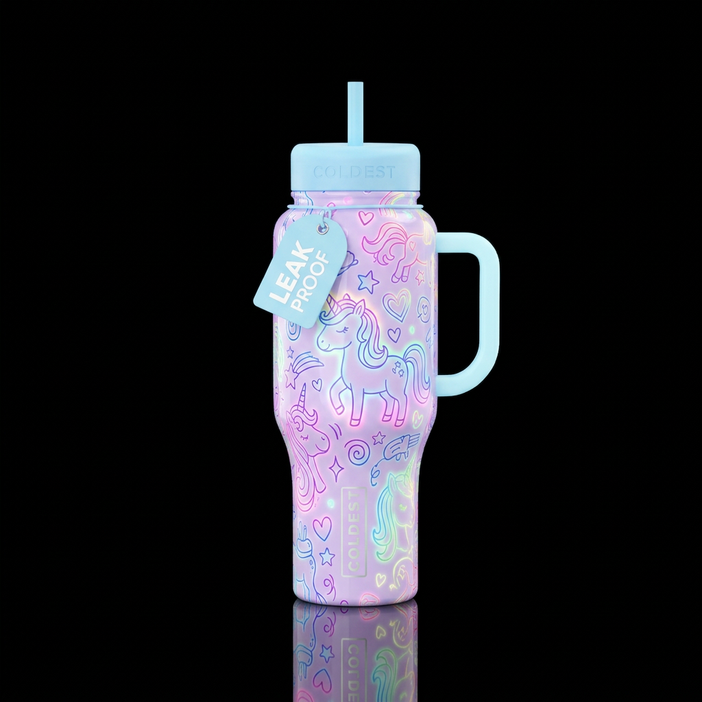 Glowie cartoon rainbow outlines and cartoon unicor... water bottle design