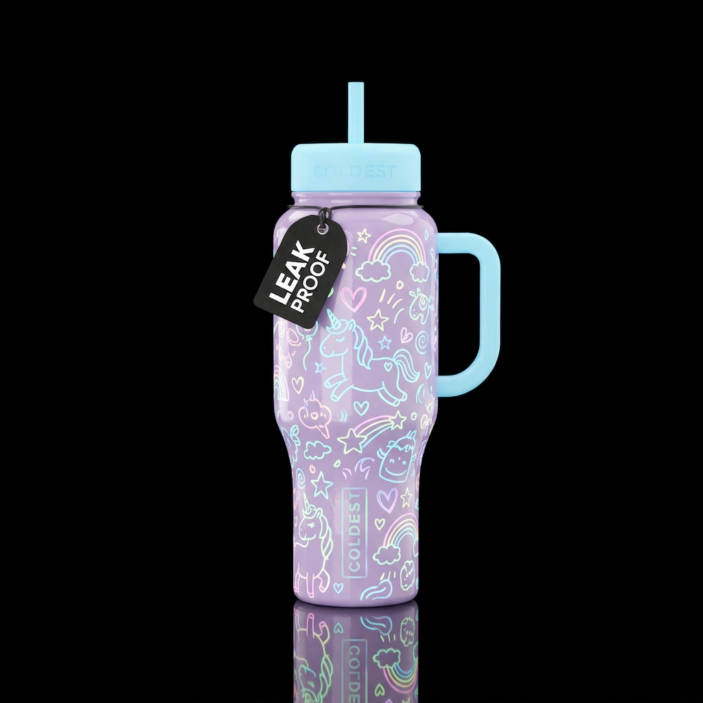 Glowie cartoon rainbow outlines and cartoon unicor... water bottle design