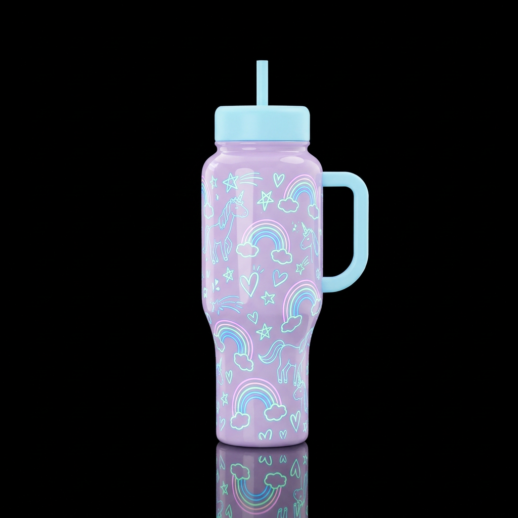 Glowie cartoon rainbow outlines and cartoon unicor... water bottle design