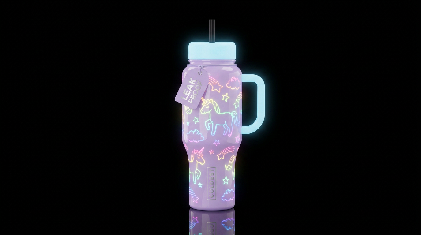 Glowie cartoon rainbow outlines and cartoon unicor... water bottle design
