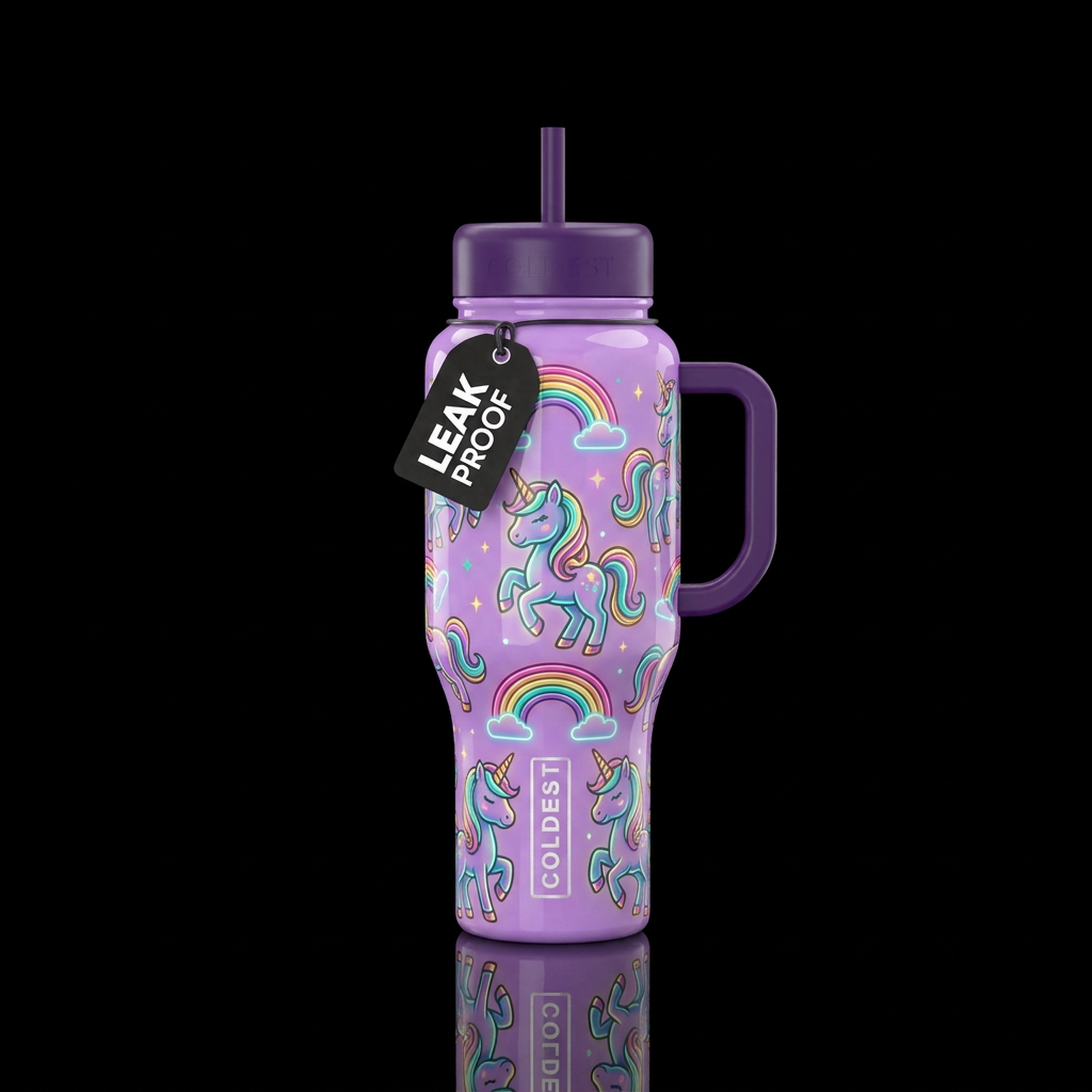 Glowie cartoon rainbows and cartoon unicorns, beau... water bottle design