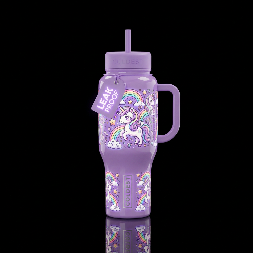 Glowie cartoon rainbows and cartoon unicorns, beau... water bottle design