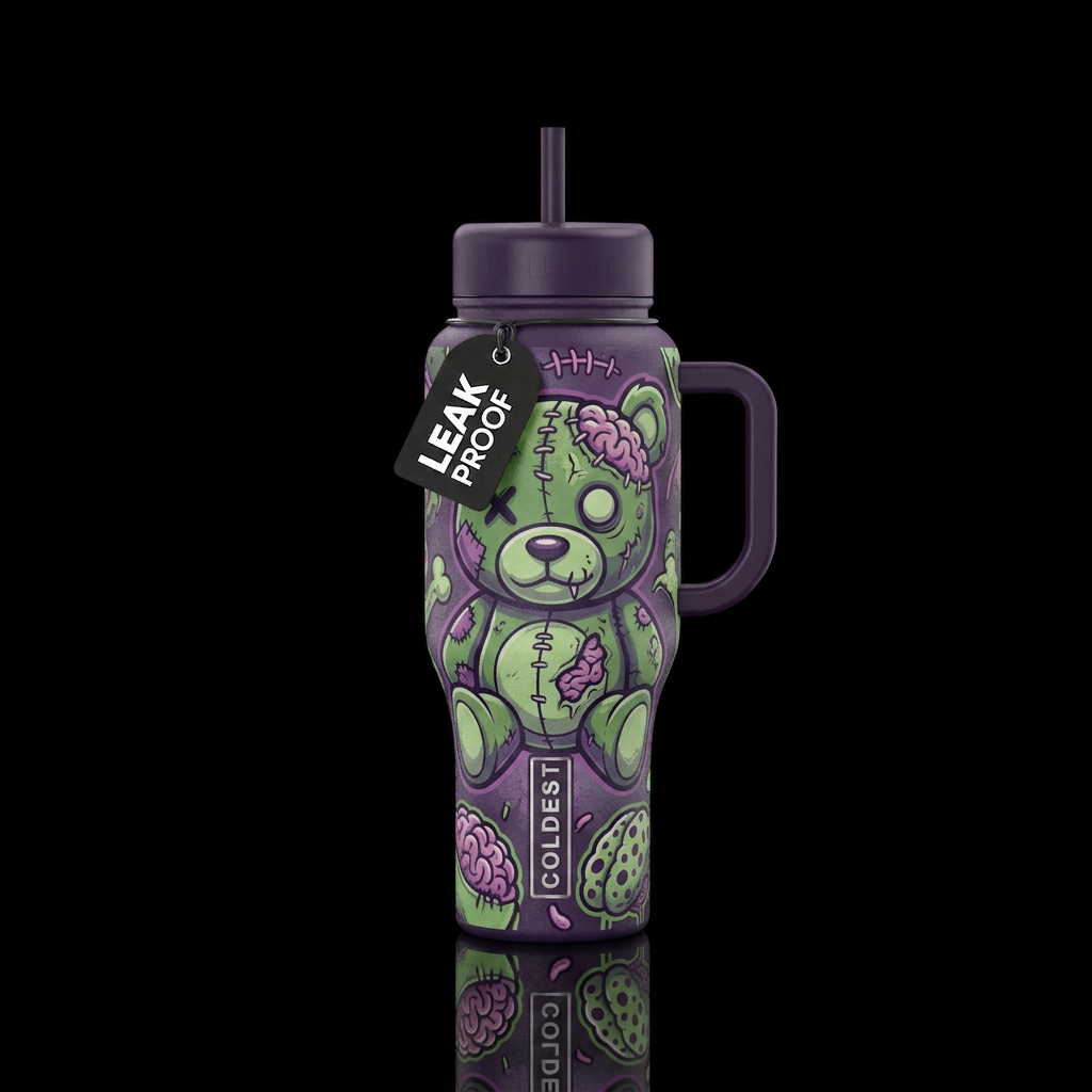 Stuffed Zombie bear green and purple with stitchin... water bottle design
