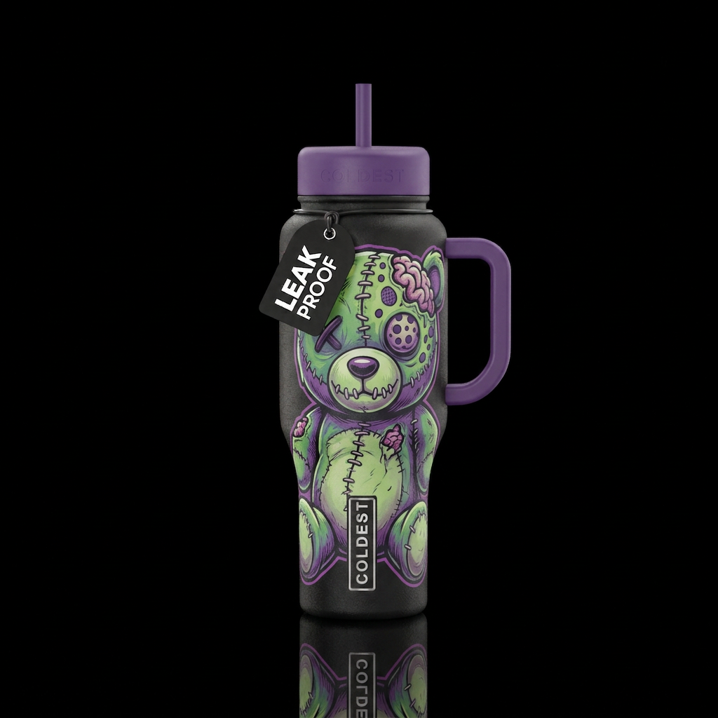 Stuffed Zombie bear green and purple with stitchin... water bottle design
