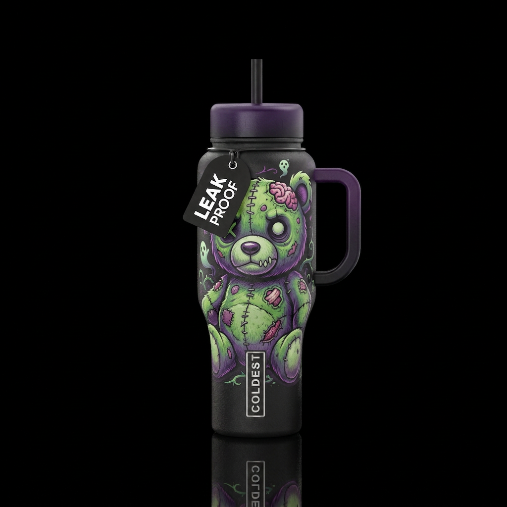 Stuffed Zombie bear green and purple with stitchin... water bottle design