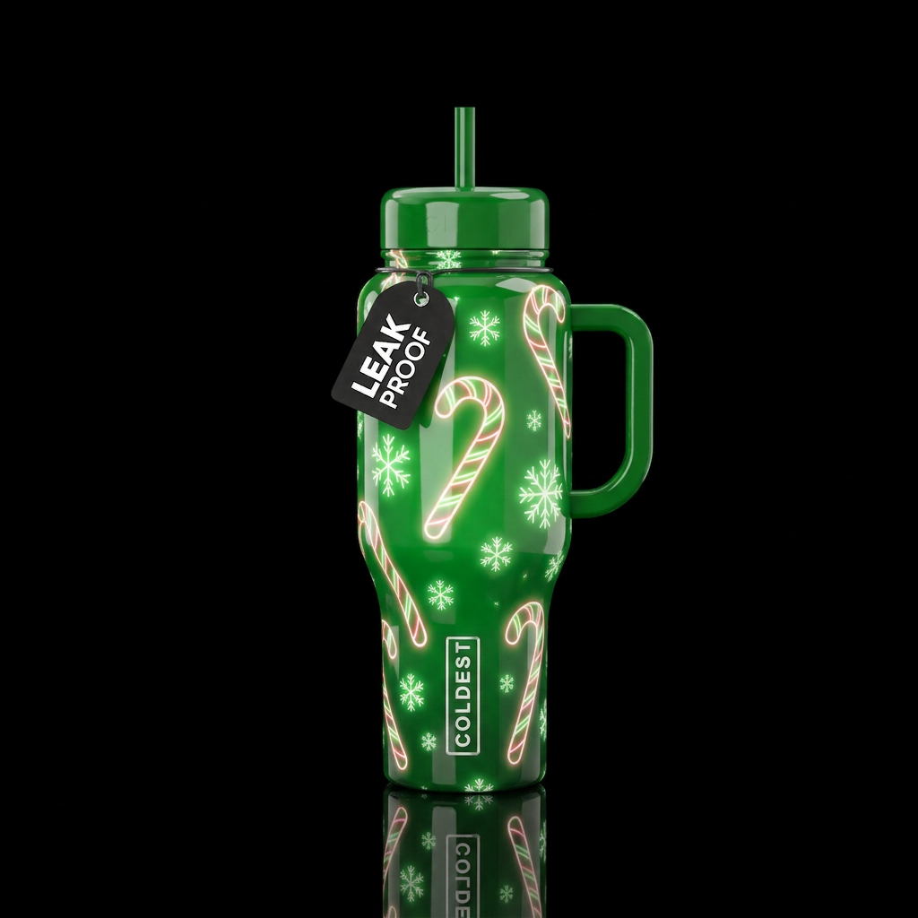 Glowie candy canes and snowflakes with glossy vibr... water bottle design
