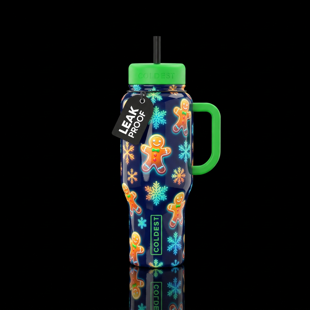 Glowie gingerbread men cartoon inbued snowflakes v... water bottle design
