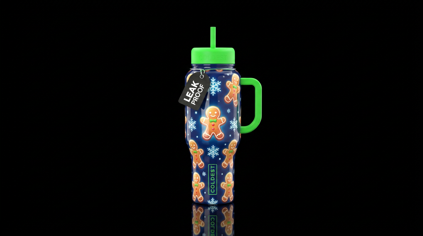 Glowie gingerbread men cartoon inbued snowflakes v... water bottle design