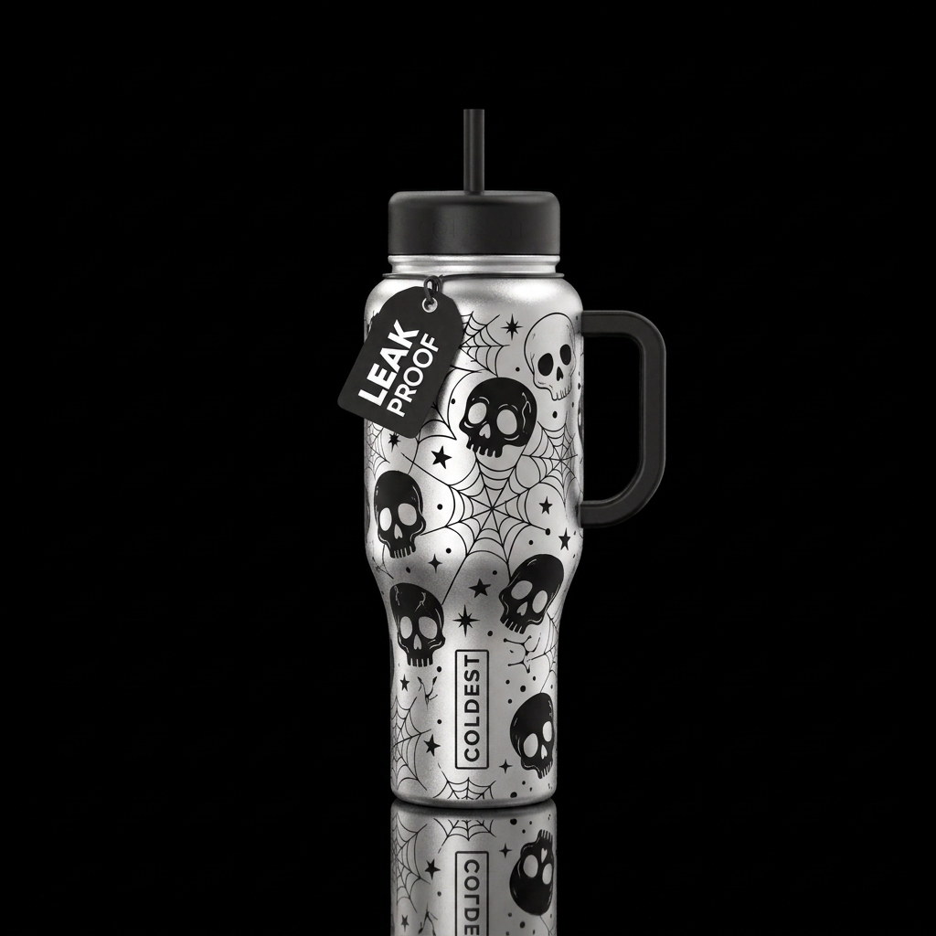 Silver background with black skulls, webs, stars, ... water bottle design