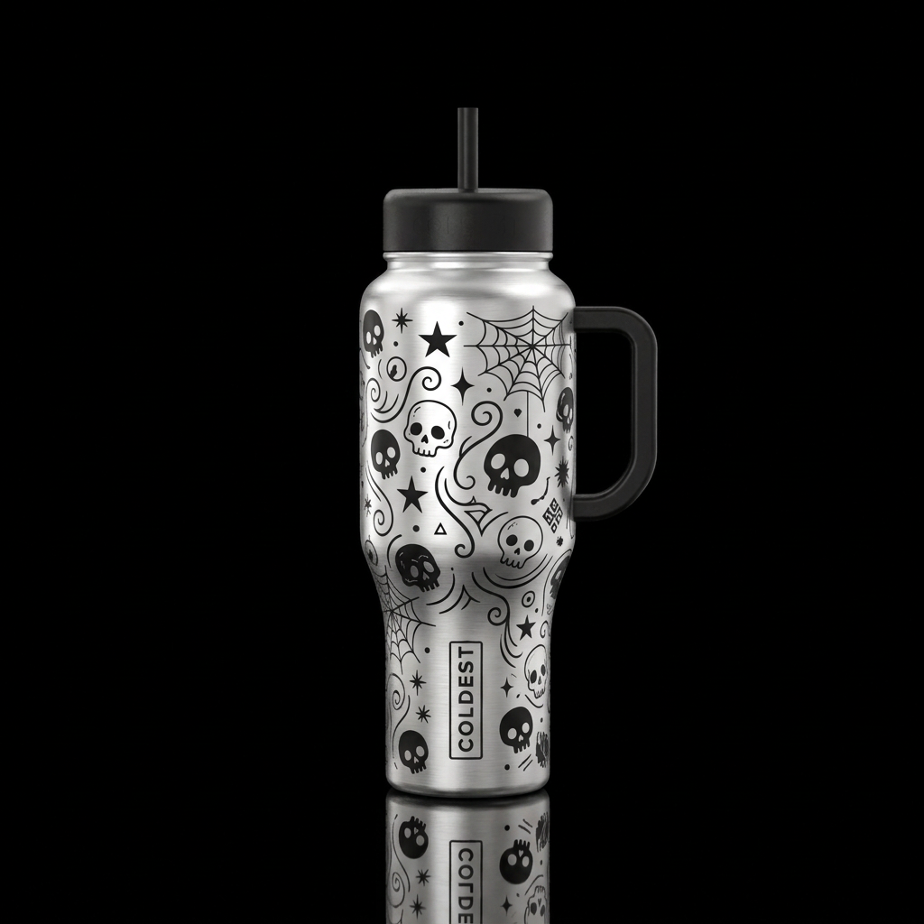 Silver background with black skulls, webs, stars, ... water bottle design