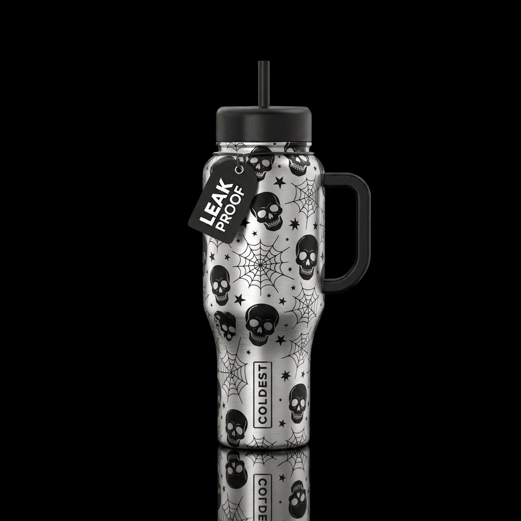 Silver background with black skulls, webs, stars, ... water bottle design