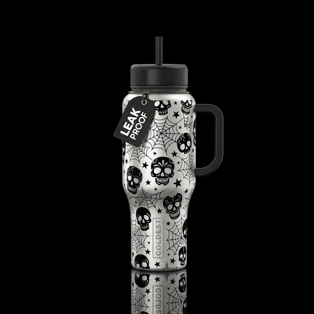 Silver background with black skulls, webs, stars, ... water bottle design