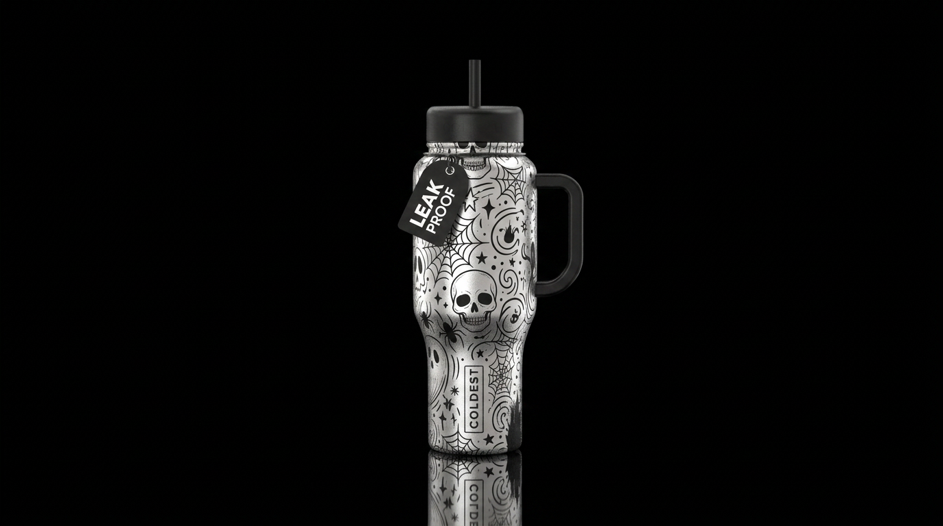 Silver background with black skulls, webs, stars, ... water bottle design