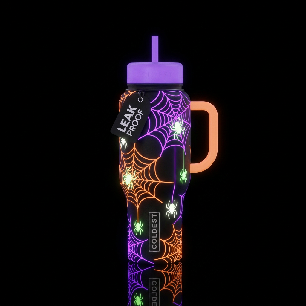 Haunted webs neon purple and orange with neon whit... water bottle design