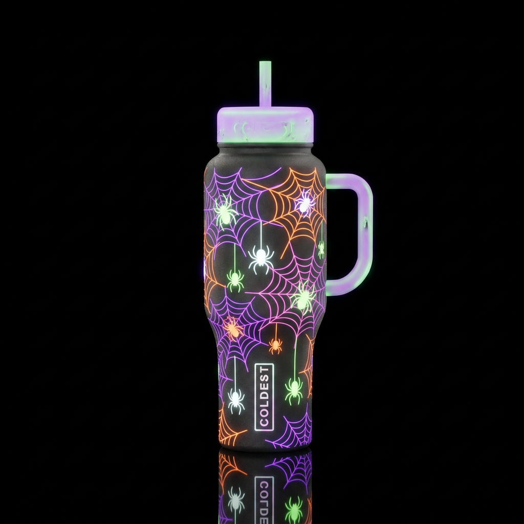Haunted webs neon purple and orange with neon whit... water bottle design