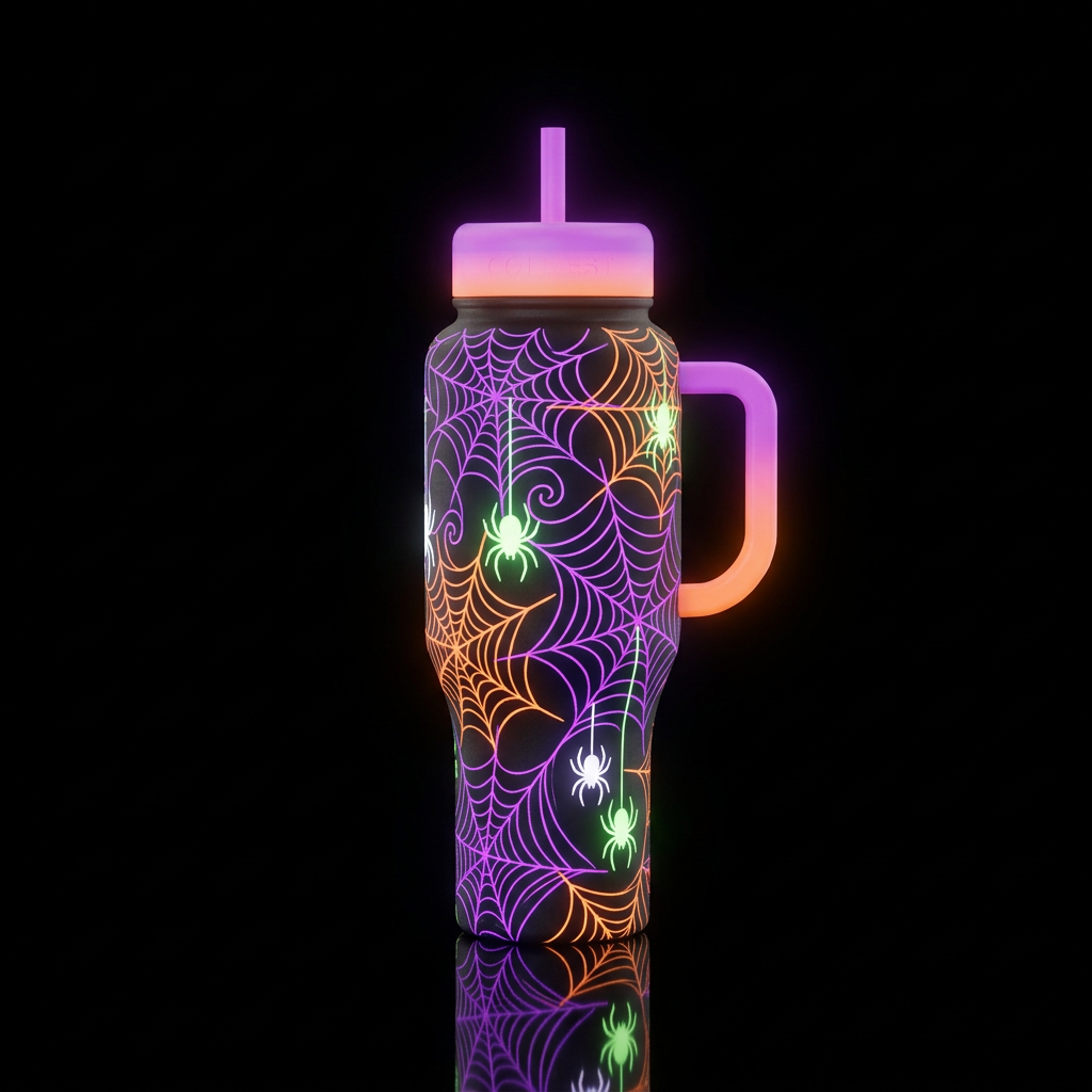 Haunted webs neon purple and orange with neon whit... water bottle design