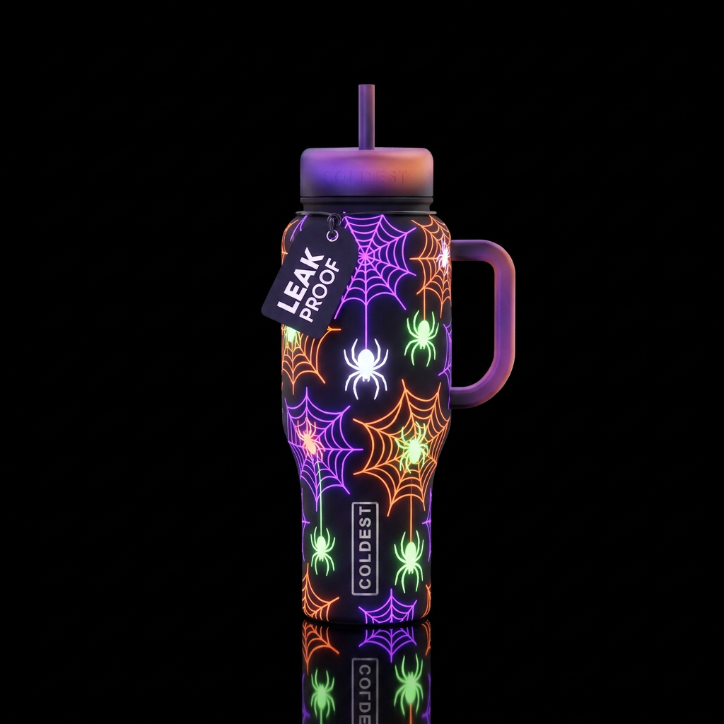 Haunted webs neon purple and orange with neon whit... water bottle design