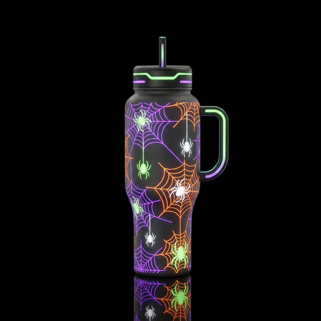 Haunted webs neon purple and orange with neon whit... water bottle design
