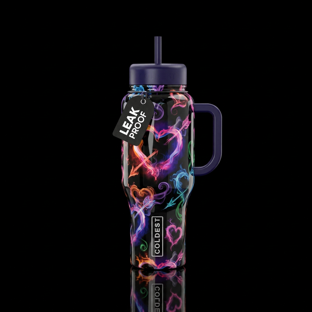 Glossy balck background with pink,orange, blue, pu... water bottle design