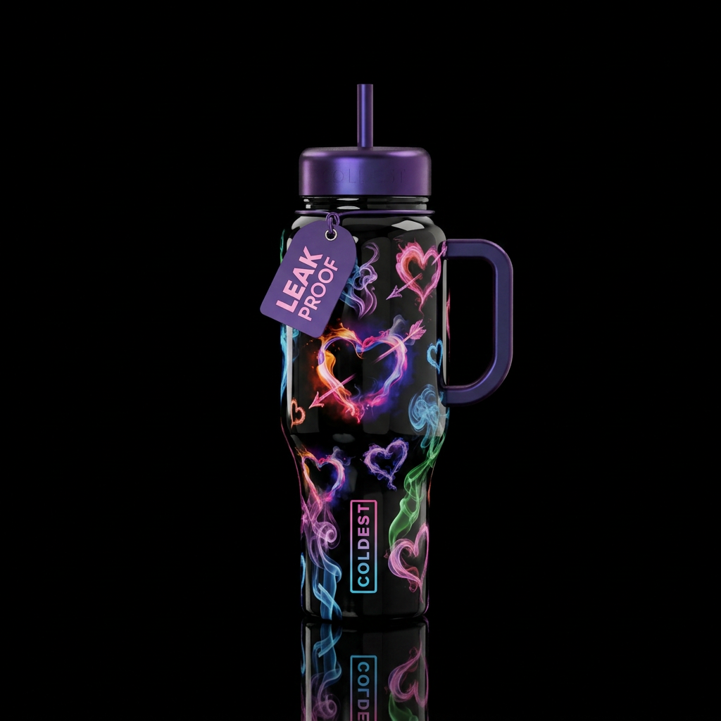 Glossy balck background with pink,orange, blue, pu... water bottle design