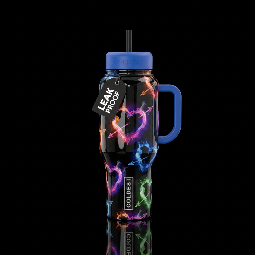 Glossy balck background with pink,orange, blue, pu... water bottle design